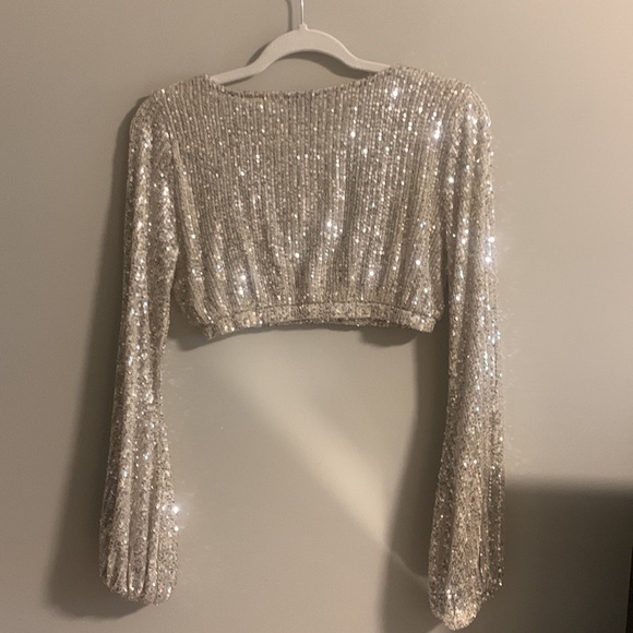Sequins Cropped Low V-Neck balloon sleeves Women’s Party Top size M - Picture 5 of 13
